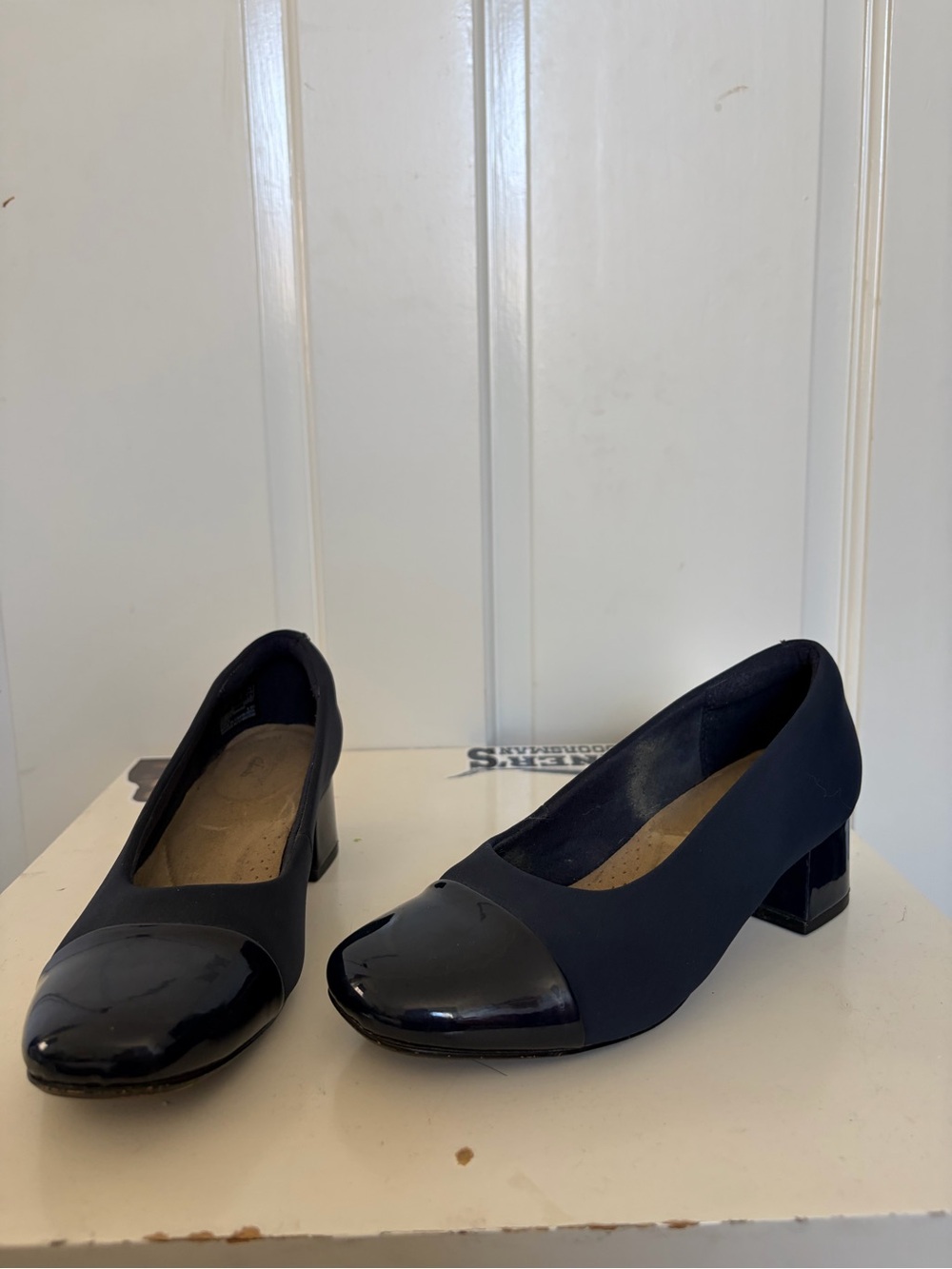 Clarks Navy Two-Tone Block Kitten Heels
